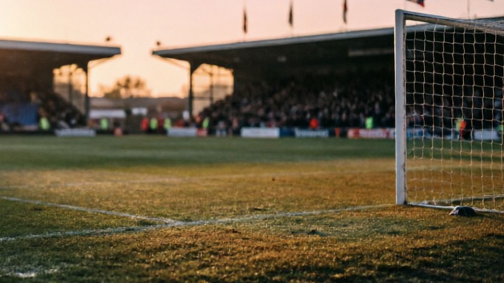 A goal mouth at sunset with the stands behind